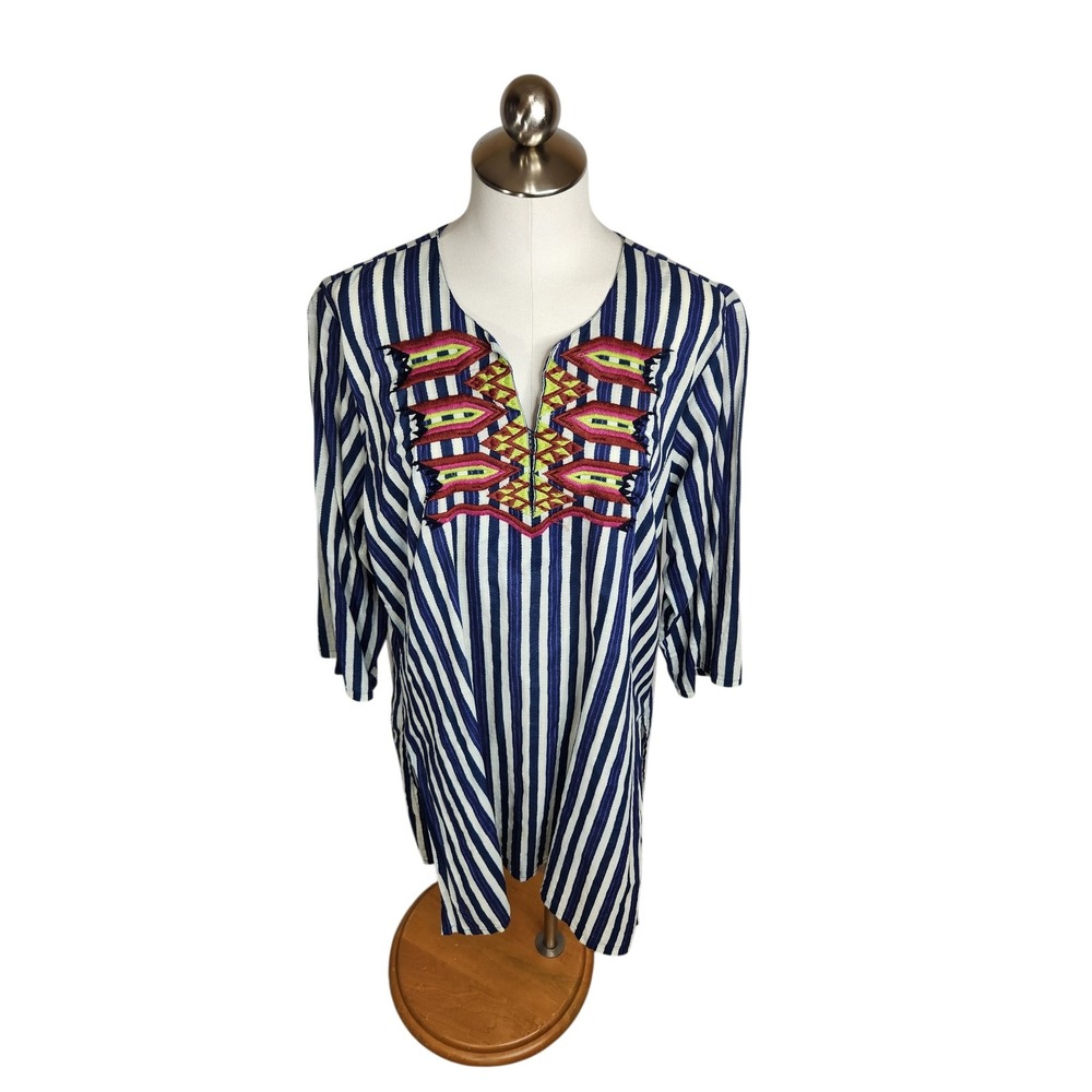 Roller Rabbit Damira Kurta Tunic Embroidered Beach Coverup Womens XL Blue Stripe